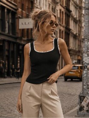 A693. Black Ribbed Tank with White Scallop Pearl Trim